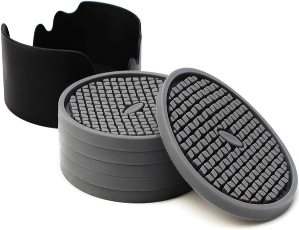 Silicone Drink Coasters Set of 6 in Holder, Cup Coaster for Drinks Deep