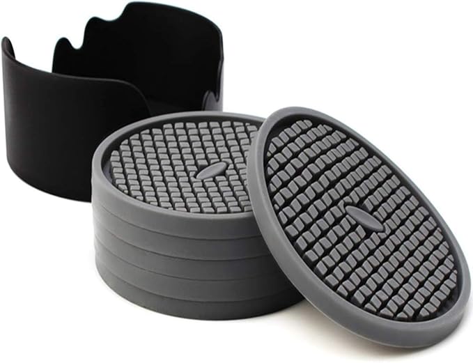 Silicone Drink Coasters Set of 6 in Holder, Cup Coaster for Drinks Deep