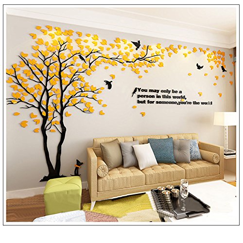 3D wall Decals Trees & Birds DIY Wall Stickers TV Setting Wall TV Sofa backdrop for Wall Decor Home Decor 59 inch tall (Medium 2.9x1.5m, Yellow)