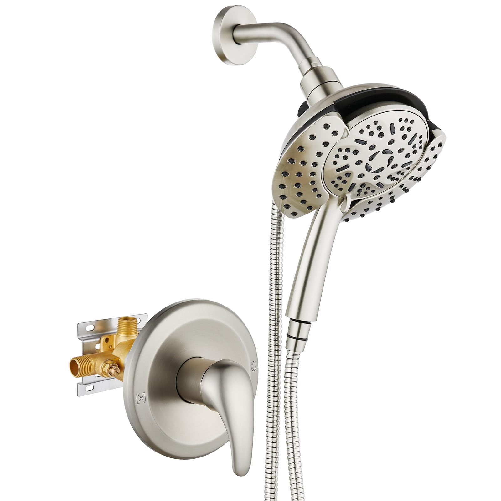 Photo 1 of gotonovo Single-Handle Shower Faucet Set, Shower Trim Kit with 9-Spray 2-in-1 Dual Hand Held Shower Head with Hose, Wall Mounted Pressure Balancing Mixer Valve without Tub Spout Brushed Nickel