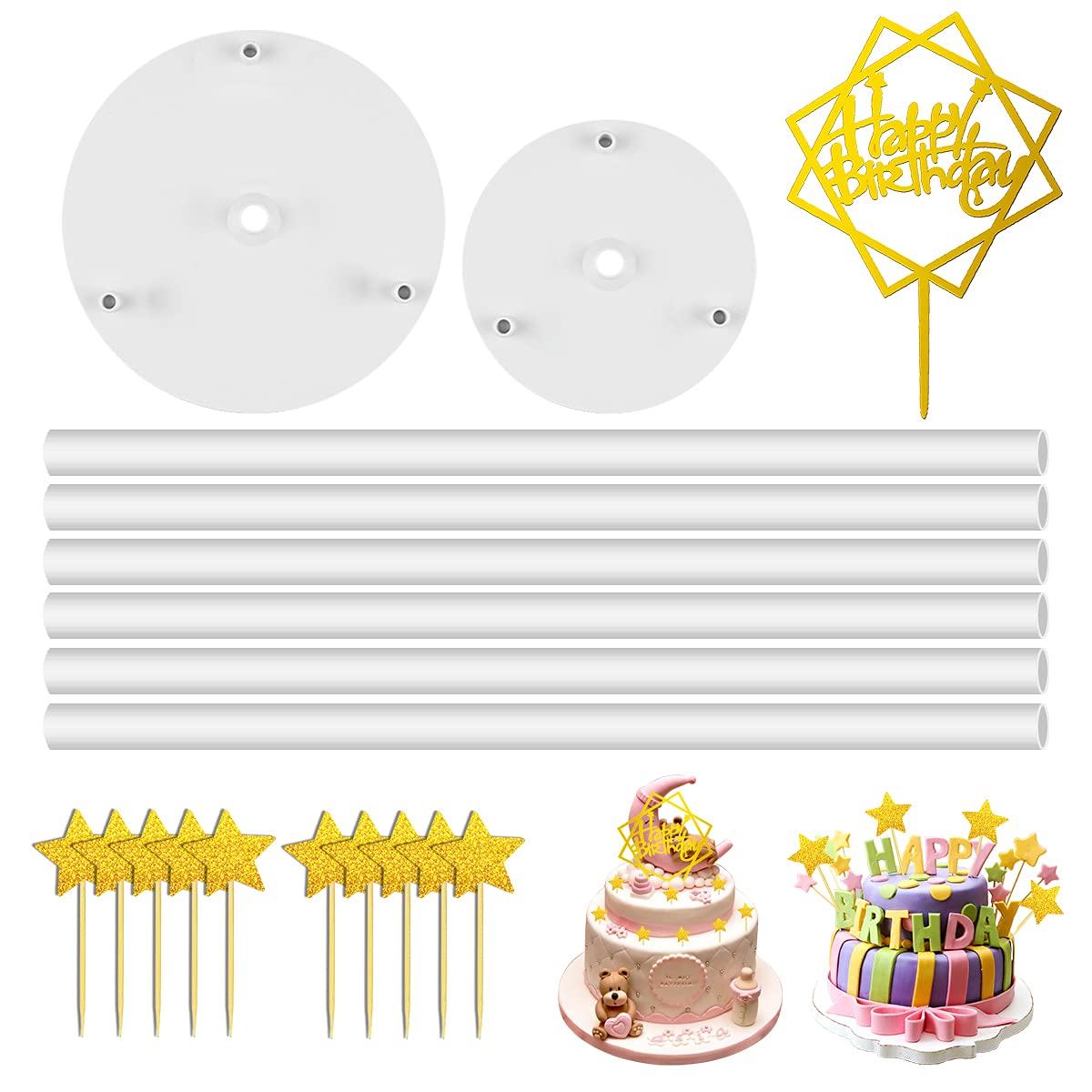 2 Tier Cake Separator Stacking Kit with 11 Pieces Cake Toppers, Cake Dowels Rods for Tiered Cake Construction and Stacking(16cm,18cm)