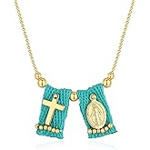 Feyukeu Virgin Mary Cross Scapular Necklace - 18K Gold Plated Catholic Pendant, Adjustable Colorful Cord, Handmade Gift for Women Baptism First Communion, Spiritual Protection Jewelry‌