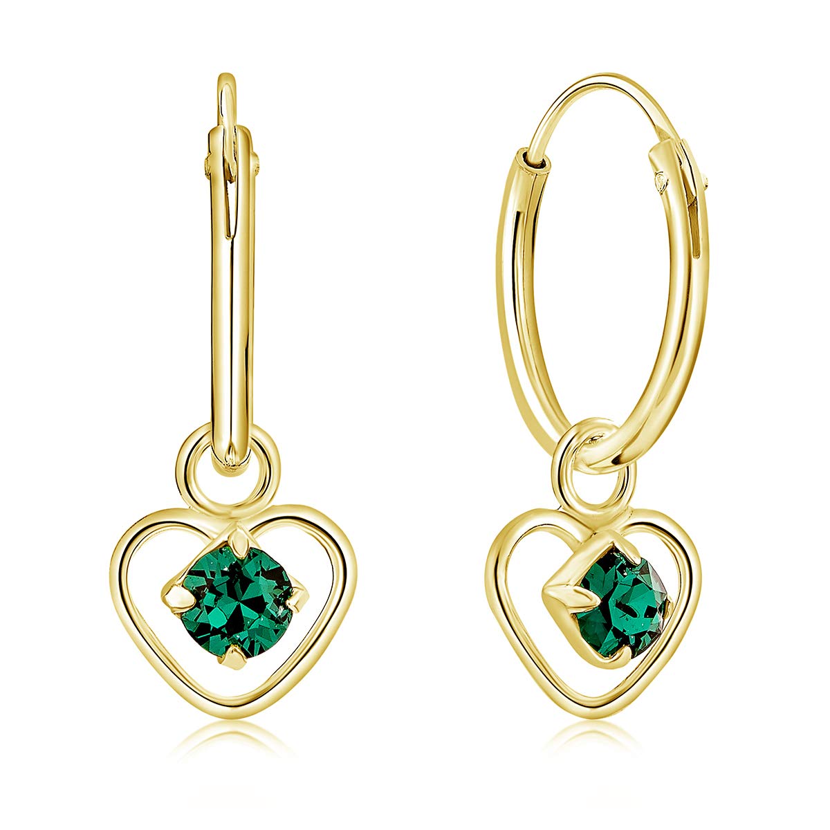 DTPsilver® 925 Sterling Silver Yellow Gold Plated SMALL Hoops Earrings & Dangling Heart with 3 mm Crystals from Swarovski® Elements - Thickness 1.5 mm - Diameter: 14 mm - Colour : Green Emerald