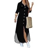 YMING Women's Long Sleeve Button Down Shirt Dress Spring Casual Maxi Dresses Loose Fit Blouse Dress with Pockets
