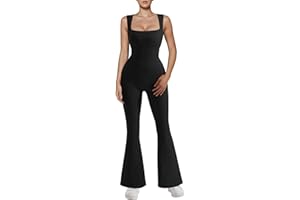 RXRXCOCO Ribbed Flare Jumpsuits for Women Strappy Square Neck Bodycon Romper Seamless Casual Yoga Jumpsuits