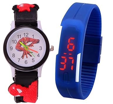 S S Traders - Black Cute Spiderman Kids Analogue Watch and Blue Led Pipe Watches for Kids (Boys) - Best Return Gift for Kids