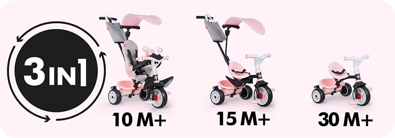Triciclo Baby Driver Confort Rosa 3 en 1 Progresivo para Niños a Partir de 10 Meses, con Parasol Anti-UV, Volante con Claxon y Ruedas Silenciosas (7600741504)