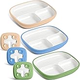Domensi 3 Set Kids Porcelain Plates with Silicone Sleeves 8.2 Inch Divided Porcelain Plate Toddler White Suction Dishes for Baby Troubleless Eating Microwave Dishwasher Safe (Vivid)
