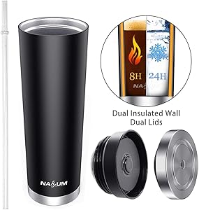 Double Walled Tumbler Cup, NASUM 22 oz Hot Iced Coffee Tumbler with 1 Straw,2 Lids, Vacuum Insulated 18/8 Stainless Steel Coffee Cup, Multi-functional Tumbler the best gift for Travel,Work,Fitness