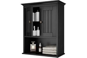 Treocho Wood Wall Cabinet Bathroom Medicine Cabinet Storage with Doors and Adjustable Shelf Wall Mount for Bathroom, Livingroom, Kitchen, Cupboard, Black