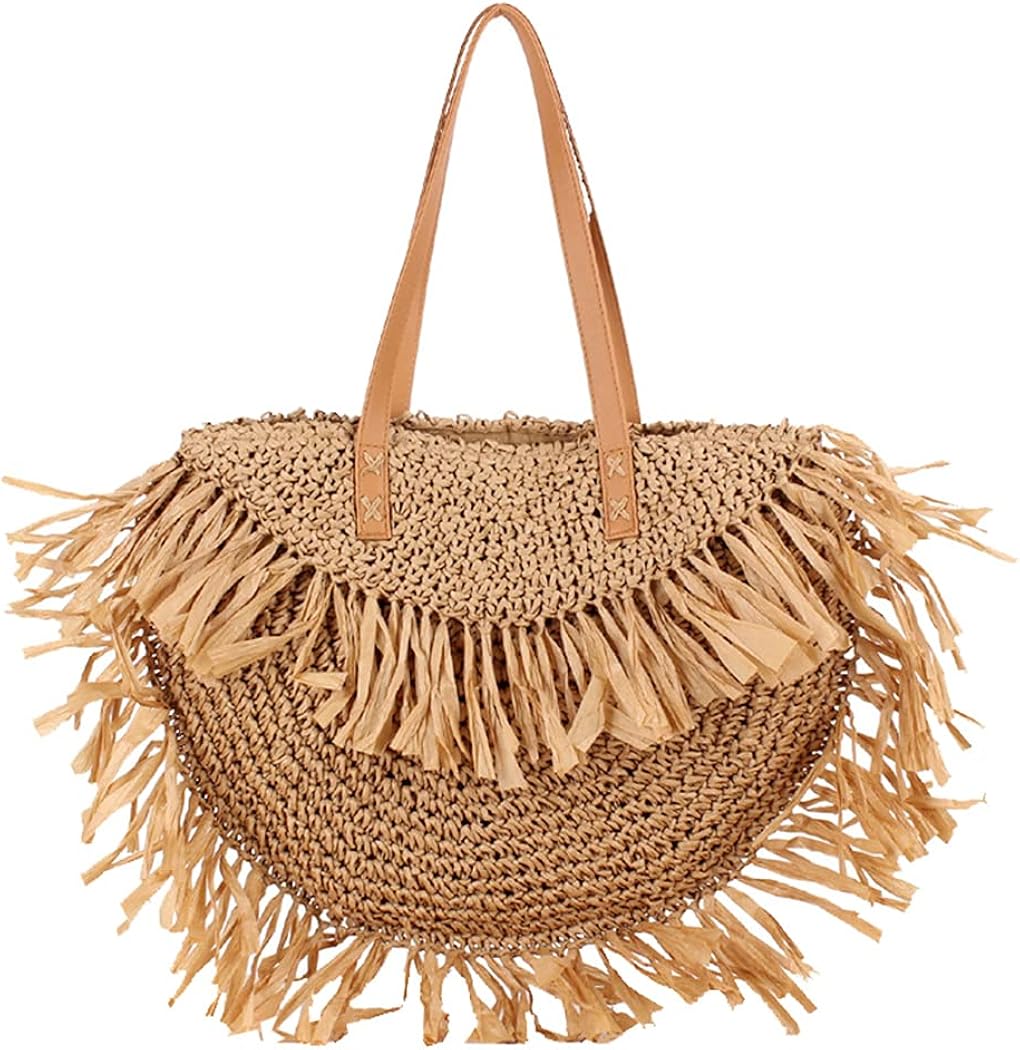 Handgewebte Damen Stroh Umhängetasche - Boho Strandtasche Mit Magnetverschluss