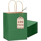 qiqee 100PCS Gift Bag with Handles Bulk Kraft Deep Green Paper Bags Multiple Uses (8.3"x3"x6"inch Small Size)