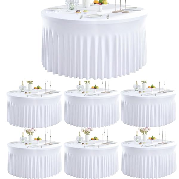 LEEGLERI 6 PACK SPANDEX WHITE ROUND TABLECLOTHS FOR 72IN TABLE, STRETCHY 132INCH FITTED 6FT ROUND TABLE CLOTHS, WRINKLE FREE TABLE COVER WITH SKIRT FOR WEDDING BIRTHDAY PARTY BRIDAL SHOWER BANQUET