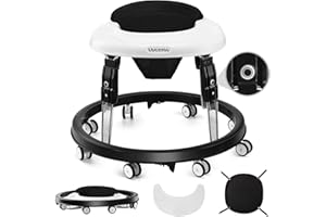 Uuoeebb One-Touch Folding Baby Walker, Anti-Roll 8-Wheel Round Chassis, 5-Speed Height Adjustment, with Large Dinner Plate and Brake, 6-18 Months Baby Walker, Black