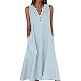 Piuwrlz Linen Dresses for Women 2026 V Neck Sleeveless Summer Flowy Tank Dress Casual Swing Beach Sundress with Pockets