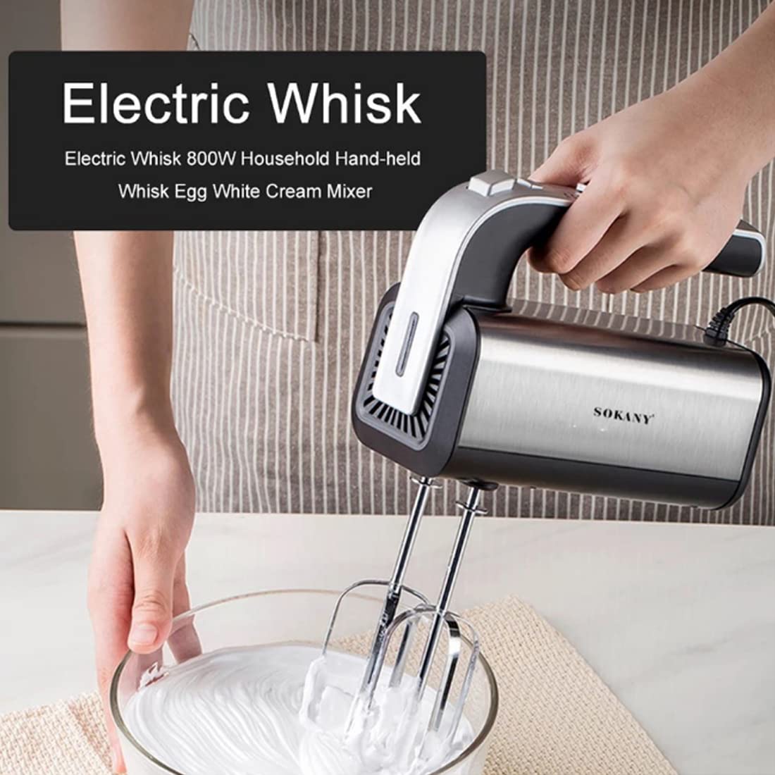 SOKANY 800W Handrührgerät Edelstahlkneter Handmixer, 5 Geschwindigkeiten mit Exit-Taste, Handrührer mit 2 Knethaken & 2 Rührbesen (CX-6651) 4