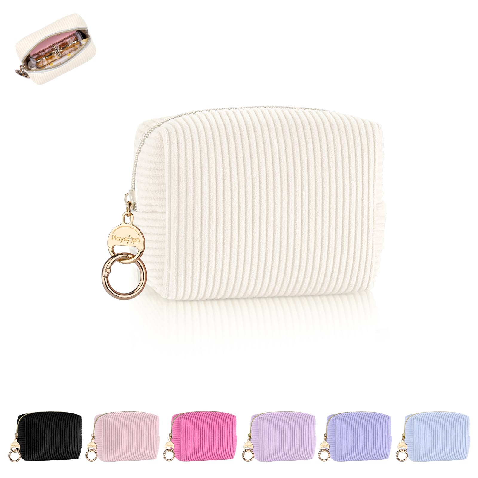 Photo 1 of Playexen Mini Makeup Bag, Corduroy Small Cosmetic Bag for Purse with Ring Buckle, Portable Travel Makeup Pouch for Lipsticks, Chapsticks, Coin, Earphone, Credit Card (Beige)