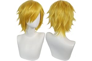 IMEYLE Denji Cosplay Wig Short Blonde Wig Short Golden Wavy Wigs with Bangs Yellow Denji Costume Wigs for Men Gold Blonde Synthetic for Anime Cosplay Halloween Costume Party + Hair Cap