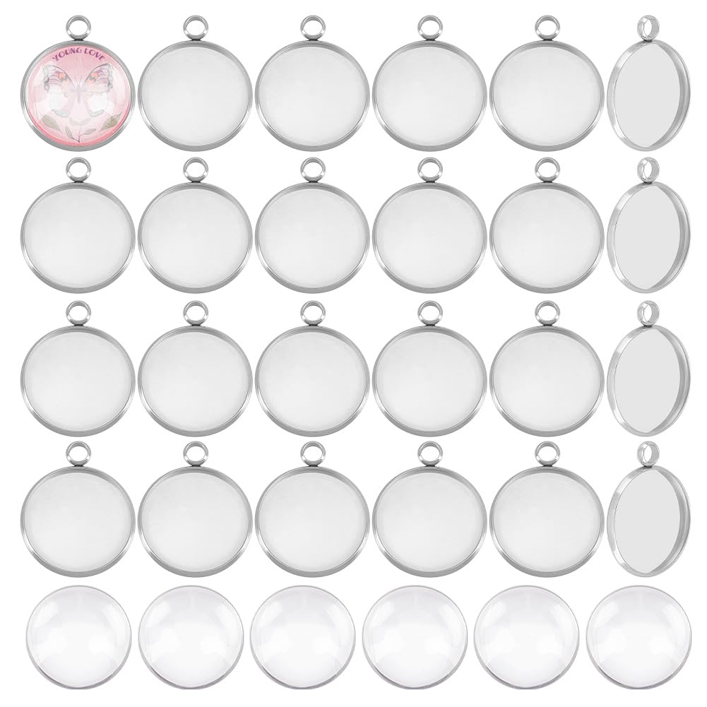 UNICRAFTALE 30 Sets 20mm Blank Pandents Big Round Pendants Blanks with Cabochons Stainless Steel Pendant Cabochon Settings Pendant Making Kits for DIY Jewelry Making, Stainless Steel Color