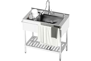 Toemics Stainless Steel Utility Sink, 30.8'' Free Standing Single Bowl Sink with Cold and Hot Water Pipe & Pull-Out Faucet & basket, Indoor and Outdoor Sink for Laundry Room, Garage, Kitchen, Silver