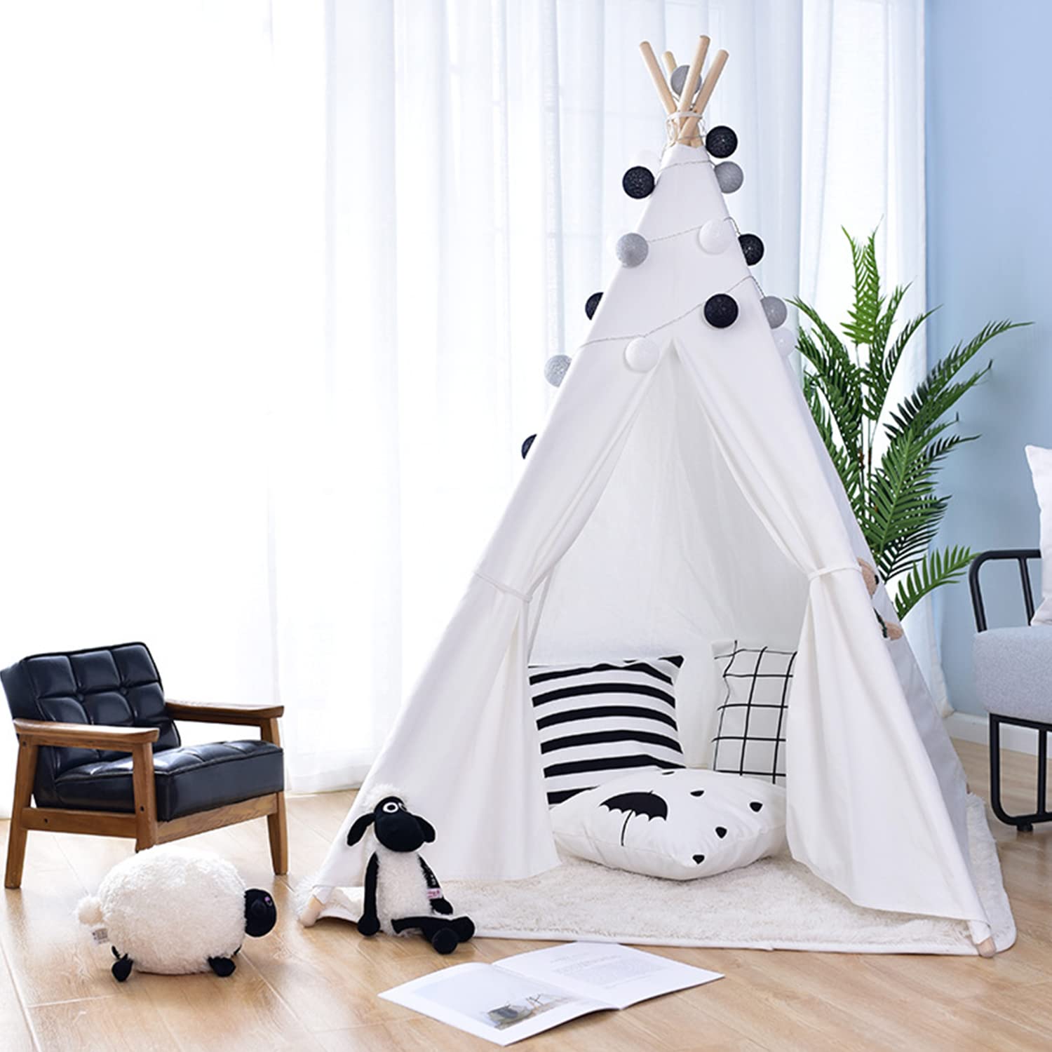 Triclicks Kids Teepee Play Tent Indian Children Wigwam Tipi Play House - 100% Cotton Canvas Portable Princess Girls Tent for Indoor and Outdoor (White, 120x120x150cm)