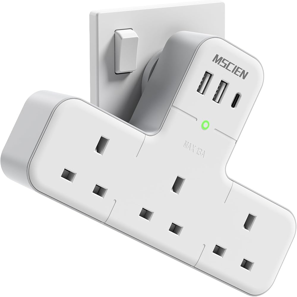 Mscien 6 in 1 Plug Adaptor UK Wall Socket 315° Rotating USB C 2x USB-A