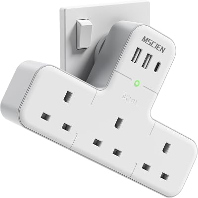 Mscien 6 in 1 Plug Adaptor UK Wall Socket 315° Rotating USB C 2x USB-A