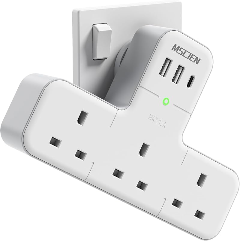 Mscien 6 in 1 Plug Adaptor UK Wall Socket 315° Rotating USB C 2x USB-A
