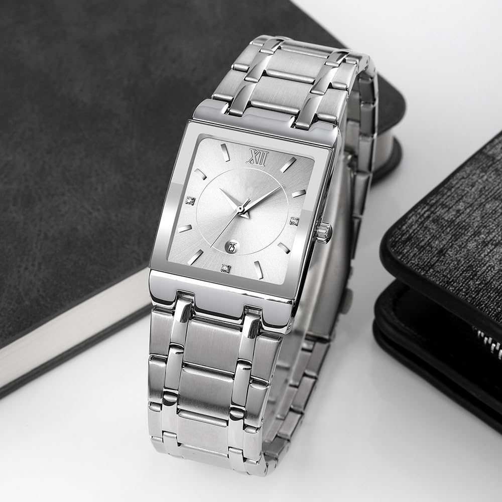Reginald Fashion Square Watches for Men Date Waterproof Analog Quartz Watch Stainless Steel Fashion Business Casual Wristwatch