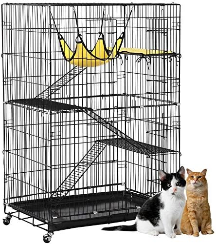 Monumart Large Rolling Metal Wire Cat Cage with 4 Levels,Free Hammock Black