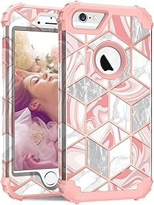 Hocase iPhone 6s Case, iPhone 6 Case, Shockproof Heavy Duty Hard Plastic+Silicone Rubber Bumper Full Body Protective Case with 4.7-inch Display for iPhone 6s, iPhone 6 - Rose Gold Line/Pink Marble