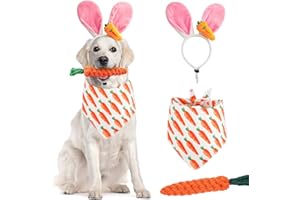 QIDELONG Dog Easter Bunny Costume, 3 Pack Pet Rabbit Ears Headband Dog Carrot Bandana and Toy Set, Easter Dog Costumes for Small Medium Dogs Cat Puppy, Dog Headwear Triangle Scarf Bibs Party Accessory