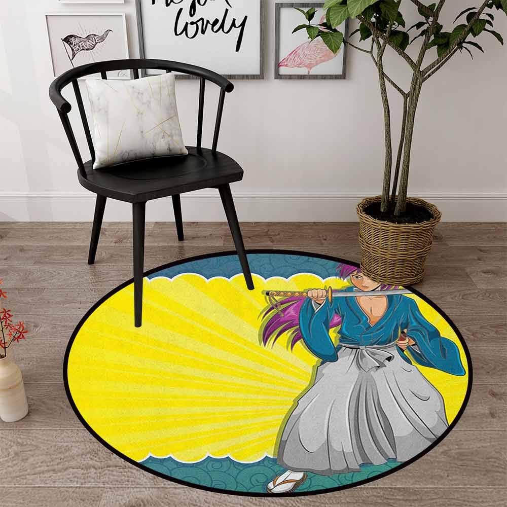 Anime Luxury Round Area Rugs 35" Round, Multicolor, Manga Style Girl
