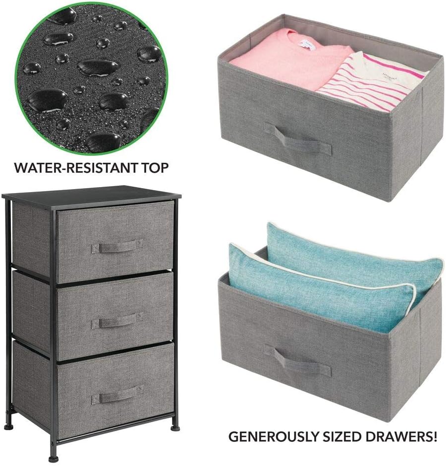 mDesign Vertical Dresser Storage Tower - Sturdy Steel Frame, Wood Top, Easy Pull Fabric Bins - Organizer Unit for Bedroom, Hallway, Entryway, Closets - Textured Print - 3 Drawers, Charcoal Gray/Black: Home & Kitchen