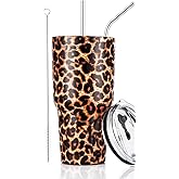 30oz Leopard Tumbler Stainless Steel Insulated Travel Mug with Straw Lid Cleaning Brush (30 oz Leopard), 1 Count (Pack of 1)