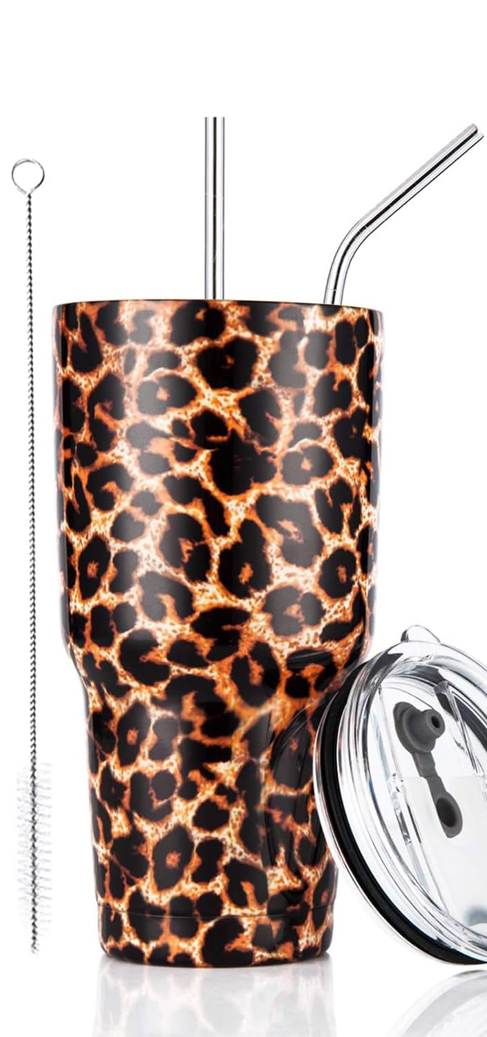 Photo 1 of 30oz Leopard Tumbler Stainless Steel Insulated Travel Mug with Straw Lid Cleaning Brush (30 oz Leopard), 1 Count (Pack of 1)