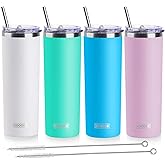koodee 20 oz Tumbler with Lid and Straw -4 Pack Insulated Skinny Tumblers Stainless Steel Double Wall Water Cup (White/Teal/Sky Blue/Baby Pink)