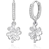 St. Patrick's Day Trendy Four Leaf Clover Huggie Small Hoop Earrings with Hypoallergenic Cubic Zirconia, Silver Drop Dangle Earrings for Women Daily & Thoughtful Gifts
