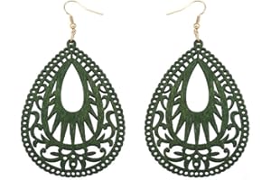 COLORFUL BLING Bohemian Geometric Wood Earrings for Women Vintage Natural Wooden African Lightweight Teardrop Dangle Earrings Statement Boho Jewelry