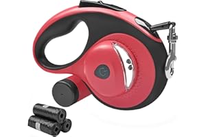 Huhaneon Retractable Dog Leash with Waste Bag Dispenser and Flashlight, 16ft Dog Leash for Small Medium Dogs up to 66lbs, One Button Break & Lock,360°Tangle Free, Soft Anti Slip Grip,Red