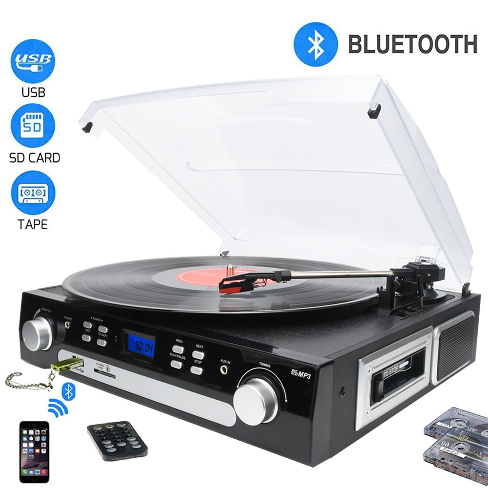 DIGITNOW! Tocadiscos Bluetooth plato giradiscos Cassette AM FM Radio MP USB SD
