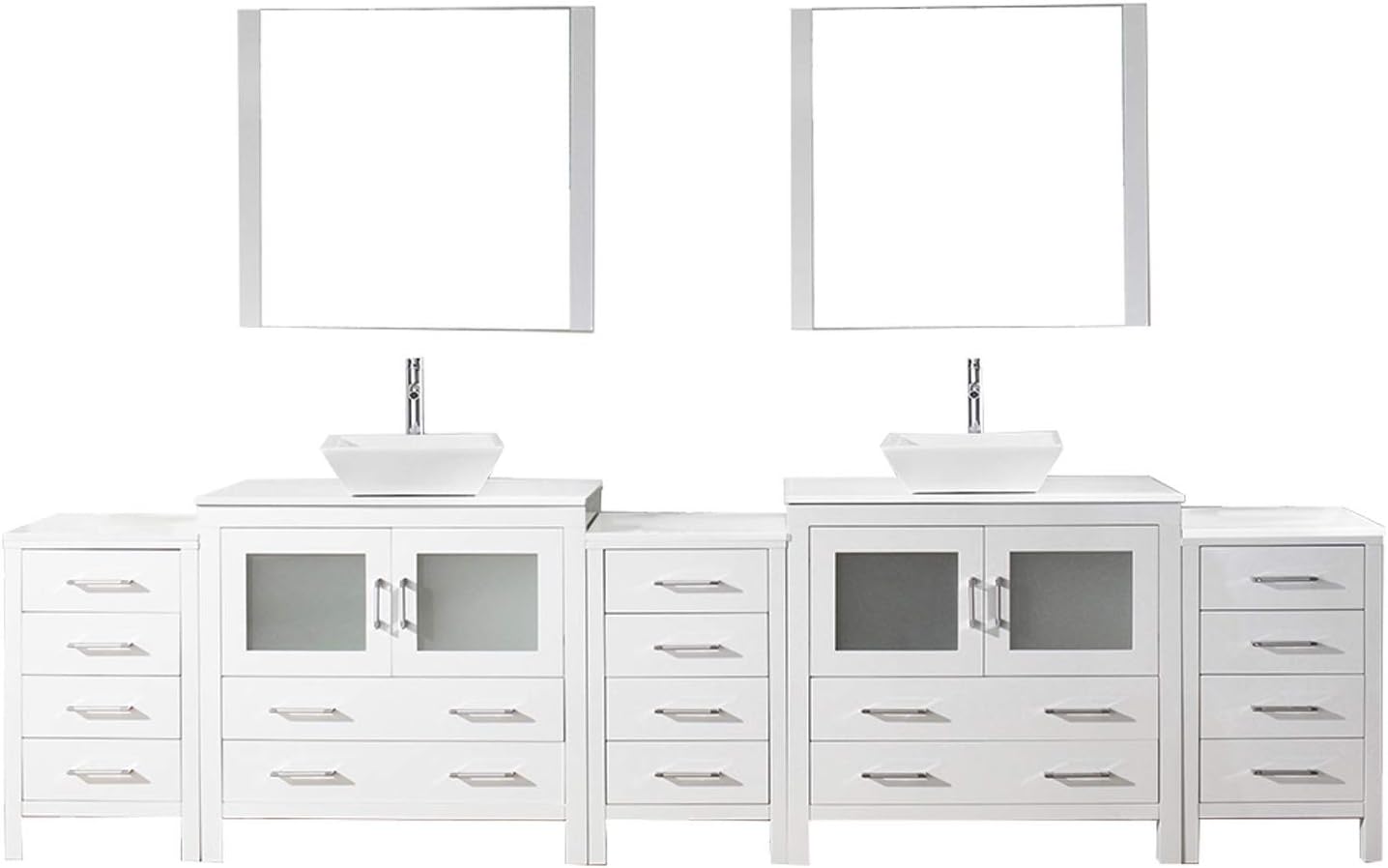Virtu USA KD-700118-S-WH-001 Dior 118" Double Bathroom Vanity White Engineered Stone Top and Square Sink with Brushed Nickel Faucet and Mirrors, 118 inches,