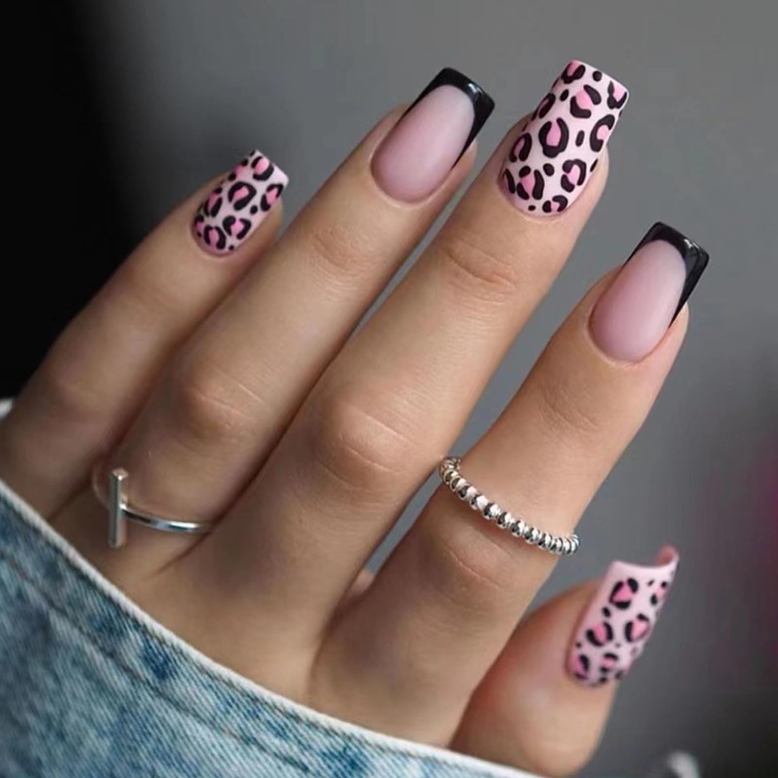 Ceboic 24Pcs French Tip Press on Nails Medium, Square False Nails With Pink Leopard Design, Removable Glossy Fake Nails Full Cover Acrylic Stick on Nail for Women Girls Nail Art