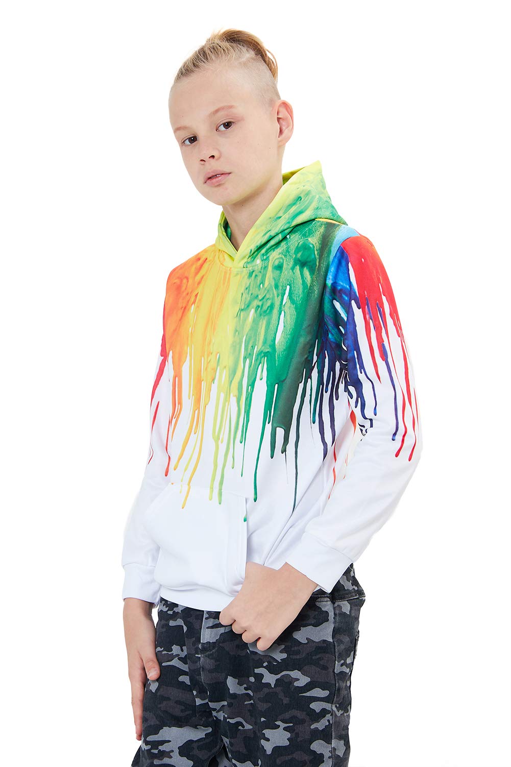 Unisex Teens Girls Boys Hoodies Hip Pop Hoody 3D Splash Rainbow Ink Novelty Pullover Long Sleeve Front Pocket Sweatshirt for Party Sports School Medium 5-6 Years