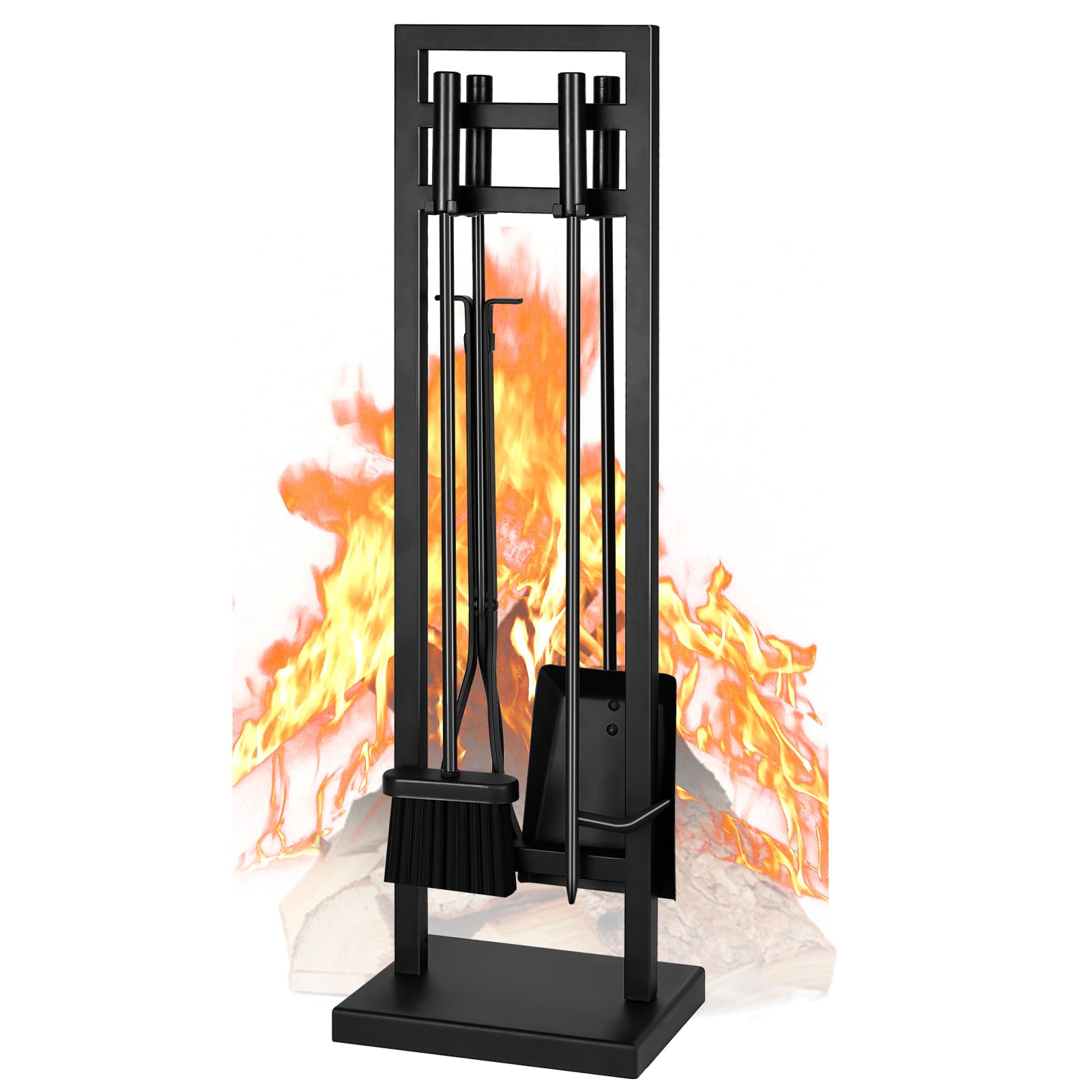 Photo 1 of FEED GARDEN Fireplace Tools Set 5 Pieces, 30 Inch Modern Wrought Iron Outdoor Fireplace Accessories Set Long Holder Indoor with Poker, Tongs, Shovel, Brush, Base Black