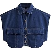 Perbai Womens Cropped Button Down Shirt Summer Collared Sleeveless Loose Denim Top with Pockets