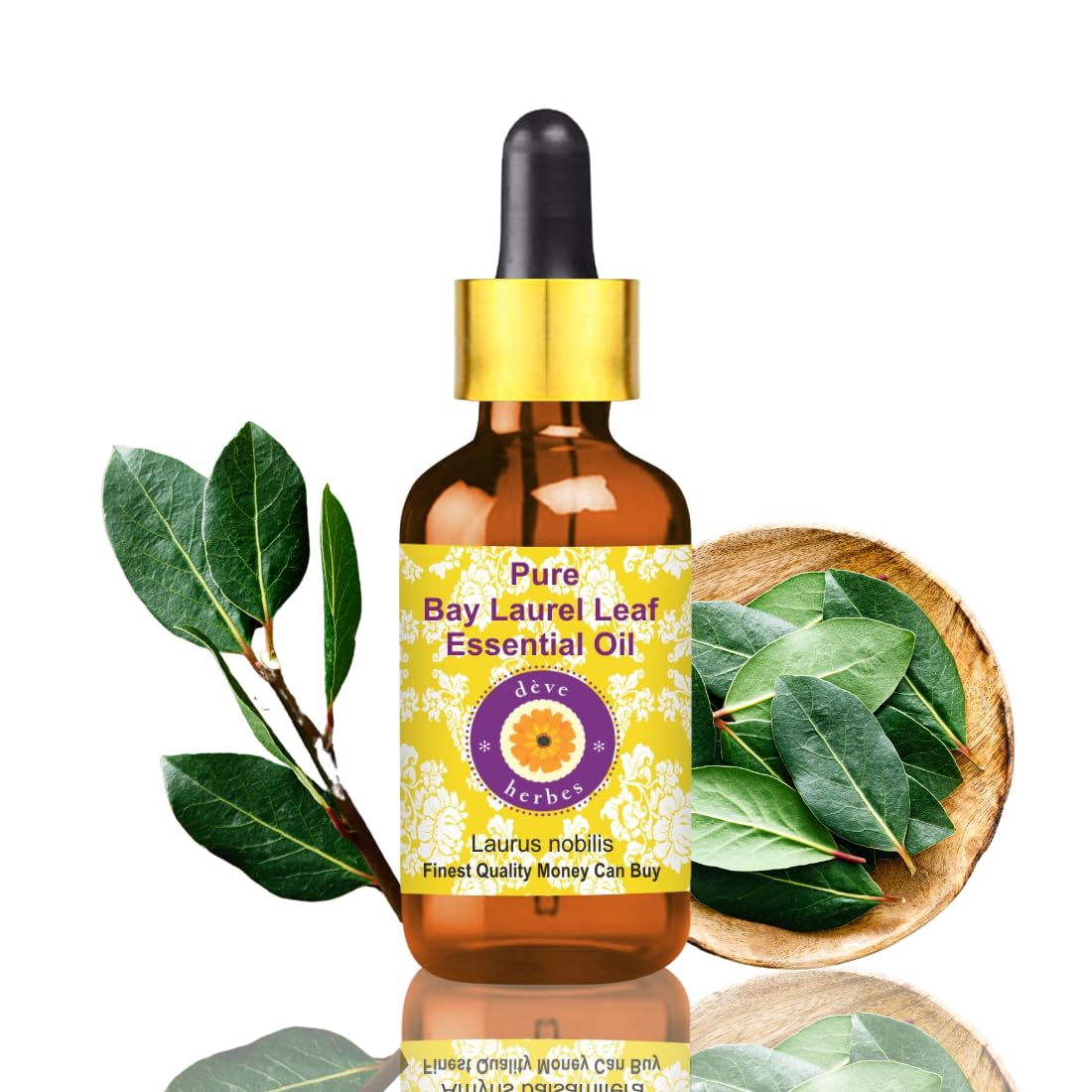 Deve Herbes Pure Bay Laurel Leaf Essential Oil (Laurus nobilis) Non-Sticky | Non-Greasy | Fresh Herbal Aroma | for Aromatherapy, Massage & DIY Use | Steam Distilled 15ml with Glass Dropper