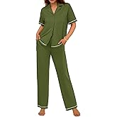 Ekouaer Cotton Pajamas Sets for Women 2 Piece Button Down Short Sleeve Pj Set with Long Pants Lounge Set Soft Sleepwear S-XXL