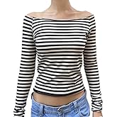 Pooyikoi Women's Off Shoulder Tops, One Shoulder Shirts, Striped Long Sleeve Shirt Women Sexy Slim Fit Tees Streetwear