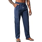 Men's Casual Linen Pants Summer Loose Fit Elastic Waist Drawstring Pants Lightweight Linen Cargo Trousers with Pockets